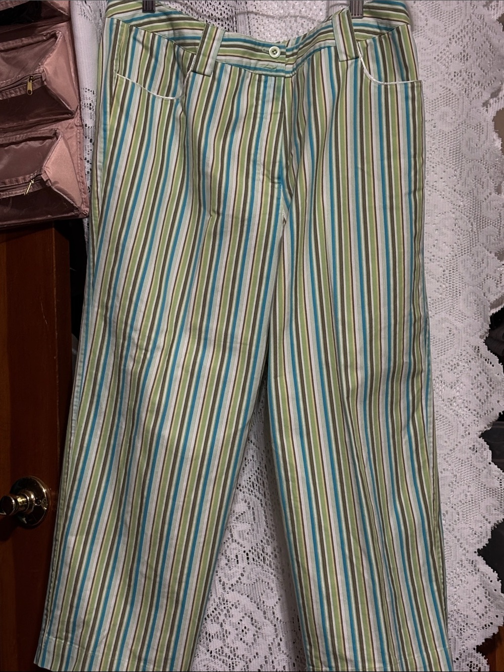 Striped women’s Casual crop slacks in Blue, brown, & Green stripes size 12